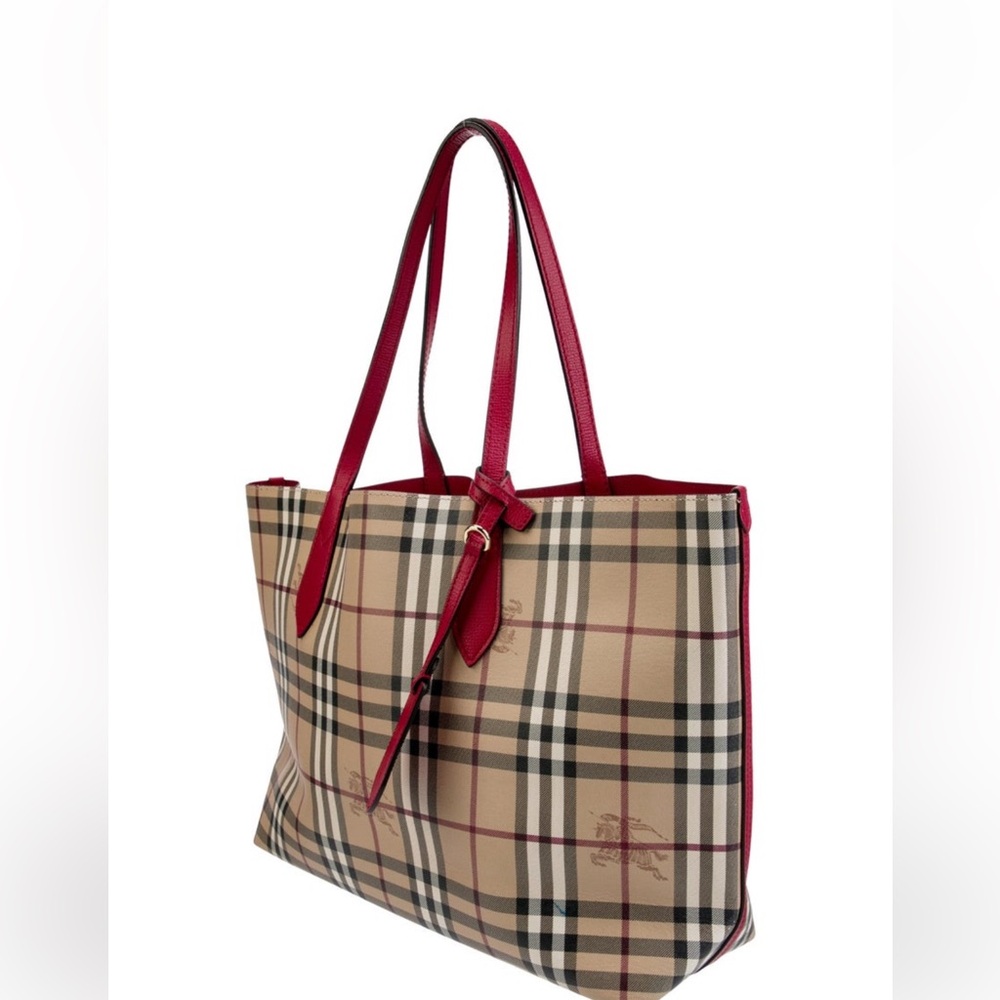 Burberry Haymarket Colours Check Leather Reverse Tote- Poppy Red, excellent cond - Picture 2 of 6